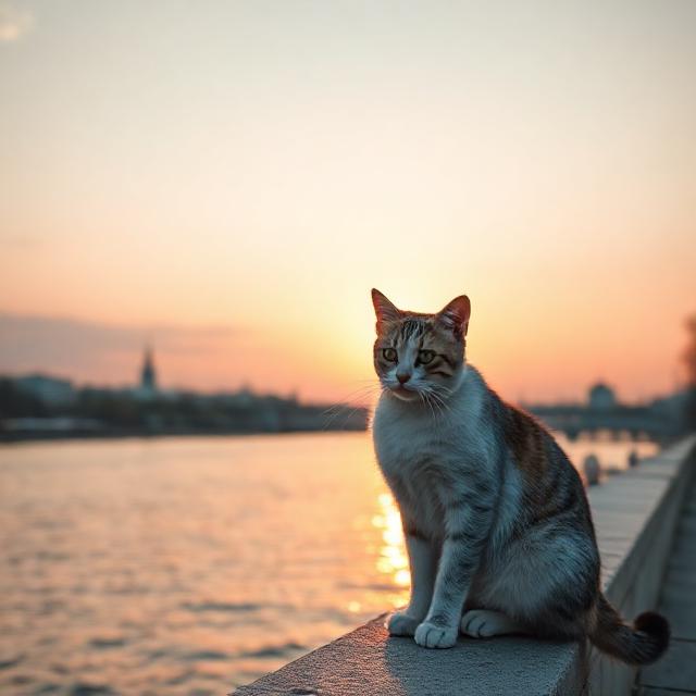 Photorealistic cat on the Dnieper river embankment in Smolensk at sunset, warm light reflecting on water, city silhouettes, pastel palette with teal highlights, 3:2 landscape, cohesive series for website footer banner, high resolution.