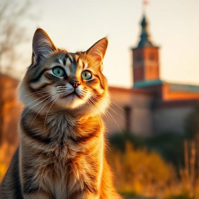 Photorealistic cat in foreground, Smolensk Kremlin red-brick fortress wall and tower in background, golden hour light, soft pastel tones, teal and light-blue accents, shallow depth of field, 3:2 landscape, cohesive series for website footer banner, high resolution.