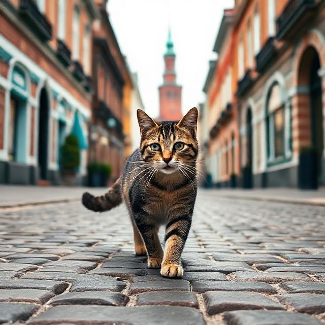Photorealistic tabby cat walking on a cobblestone street in the historic center of Smolensk, red-brick tower in the distance, soft overcast light, pastel palette with teal/sky-blue accents, 3:2 landscape, cohesive series for website footer banner, high resolution.